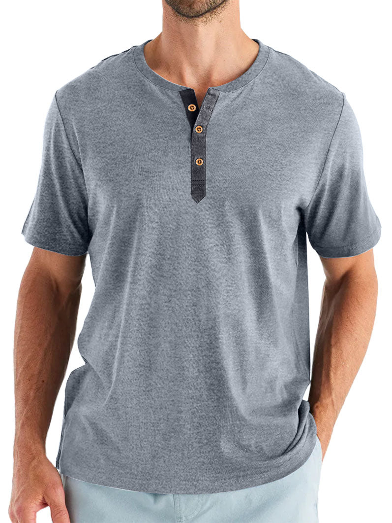 Men's Cotton Henry Neck Comfortable Casual Basic Versatile T-shirt Top