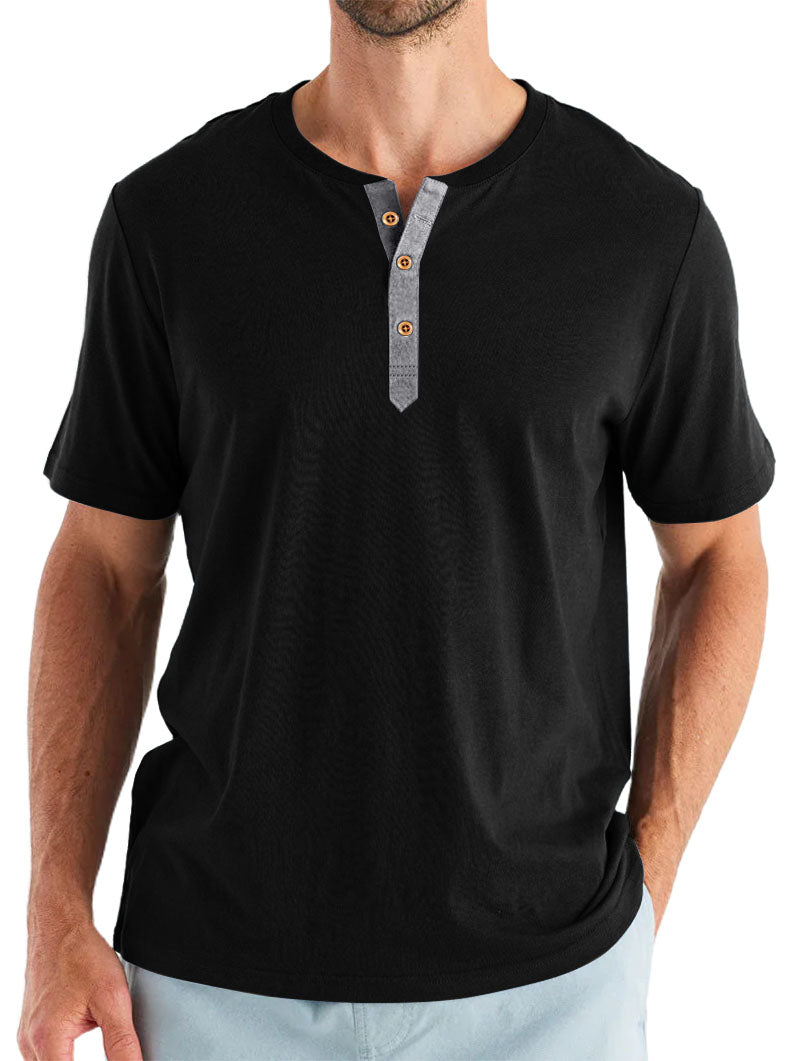 Men's Cotton Henry Neck Comfortable Casual Basic Versatile T-shirt Top