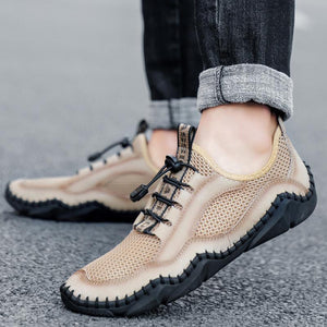 Men Hand Stitching Leather Splicing Mesh Fabric Breathable Soft Non Slip Casual Driving Shoes