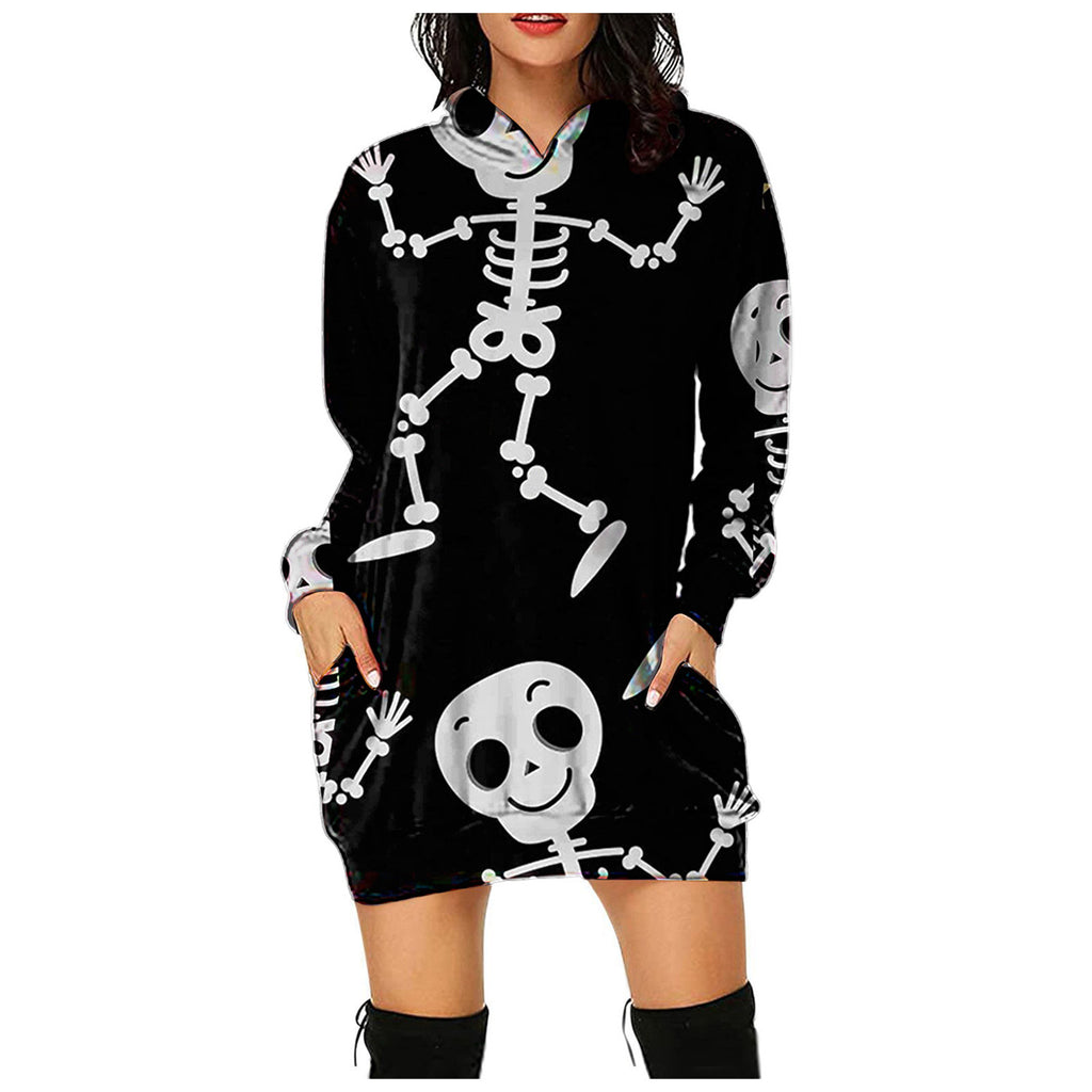 Women Halloween Skull Print Bag Hip Pocket Sweatshirts