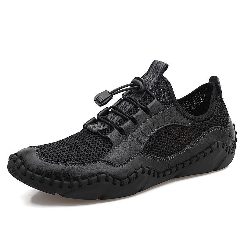 Men Hand Stitching Leather Splicing Mesh Fabric Breathable Soft Non Slip Casual Driving Shoes