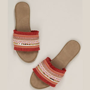 Women Embellished Wide Band Flat Slide Sandals