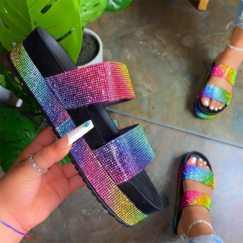 Women Shining Rhinestone Rainbow Open Toe Slip Platform Slippers