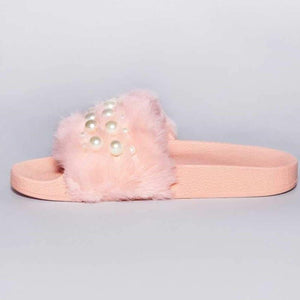 Women Soft Fur Pearl Slip Flat Heel Slippers