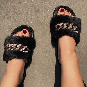 Women Fashion Rhinestone Fur Open Toe Slip Slippers