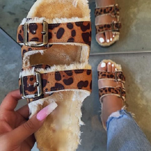 Women Leopard Print Furry Casual Sandals Slippers
