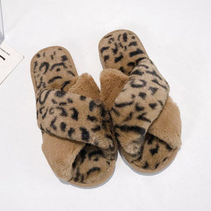 Women Soft Leopard Print Cross Design Fur Slippers