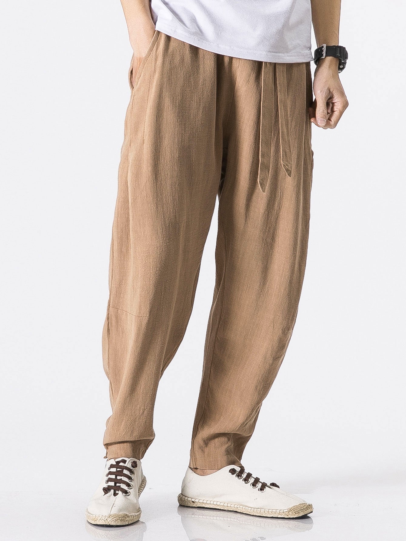 Detachable Belt Linen Cotton Blend Pants