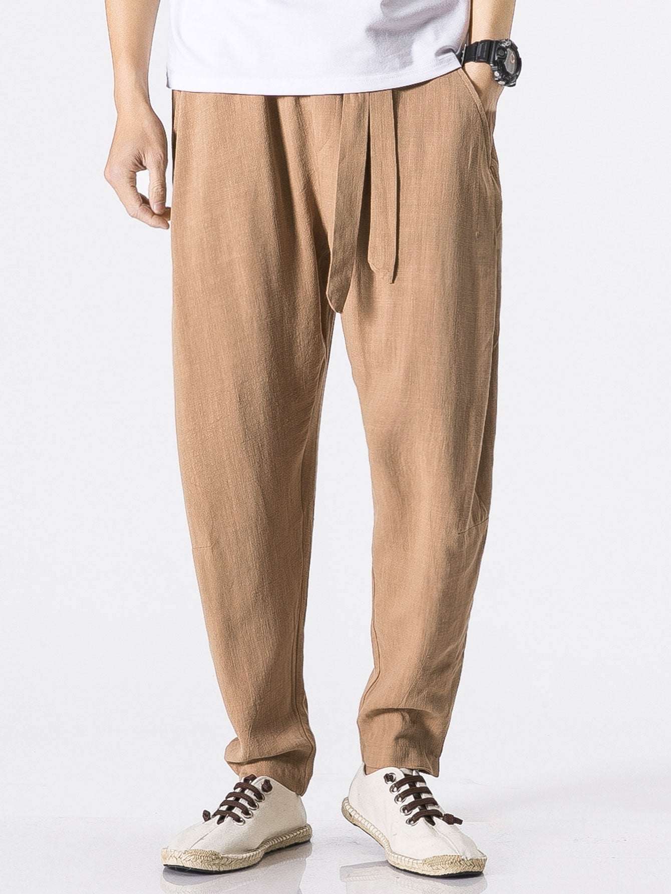 Detachable Belt Linen Cotton Blend Pants