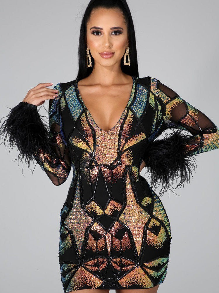 Trace Sequins Feather Dress