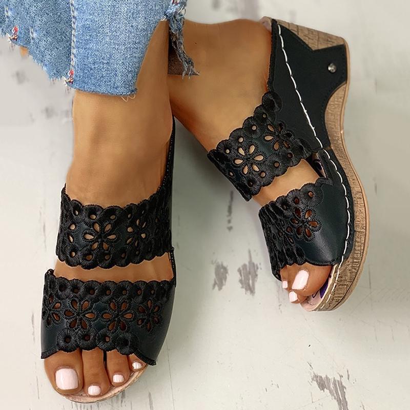 Women Platform Open Toe Hollow Flower Wedge Sandals