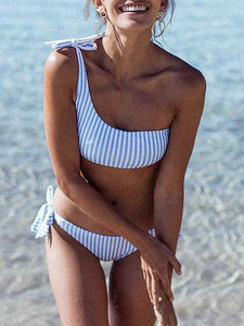 One shoulder Knots High waisted Striped Bikini