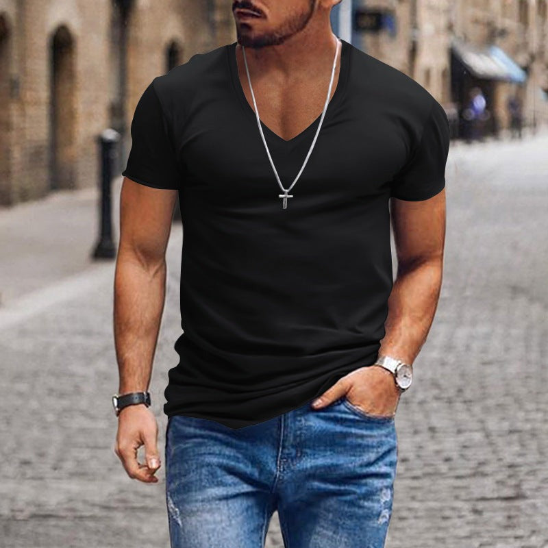 V-neck Solid Color Casual Short Sleeved T-shirt