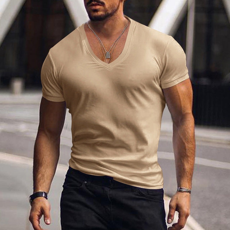 V-neck Solid Color Casual Short Sleeved T-shirt