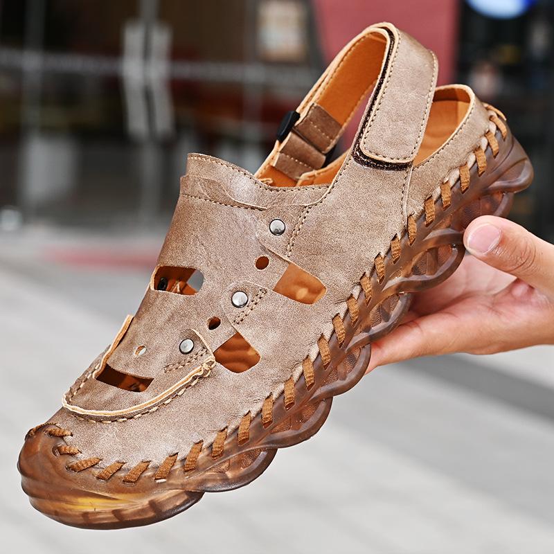 Men Hand Stitching Closed Toe Hook Loop Outdoor Leather Sandals