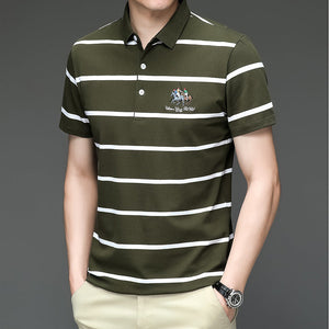 Men's Striped Lapel Cotton Polo Shirt