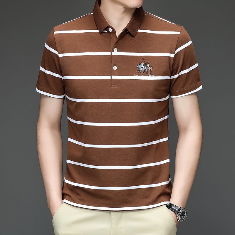 Men's Striped Lapel Cotton Polo Shirt