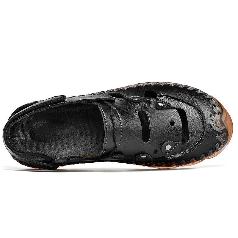 Men Hand Stitching Closed Toe Hook Loop Outdoor Leather Sandals