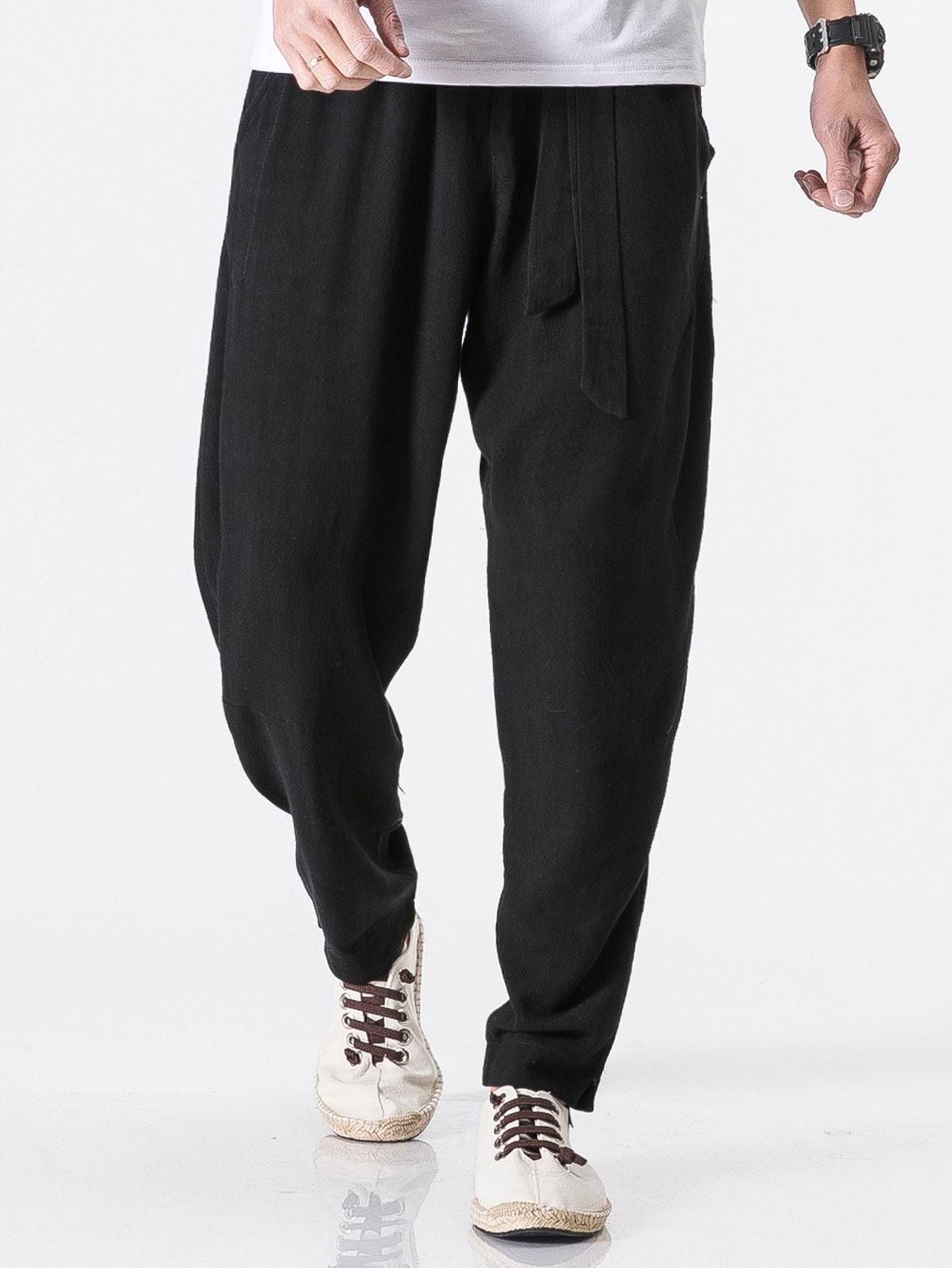 Detachable Belt Linen Cotton Blend Pants