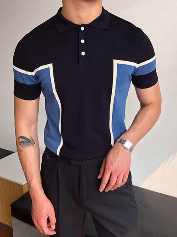 Men's fashion temperament stitching men's knitted sweater short-sleeved slim business polo shirt